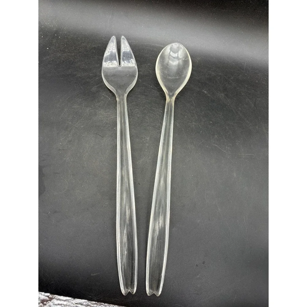 Vintage Clear Pressed Glass Salad Bowl with Matching Acrylic Serving Utensils